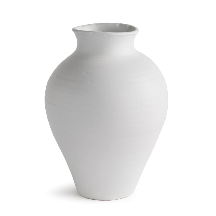 Large white ceramic vase with a rounded, bulbous body and narrow neck on a white background.