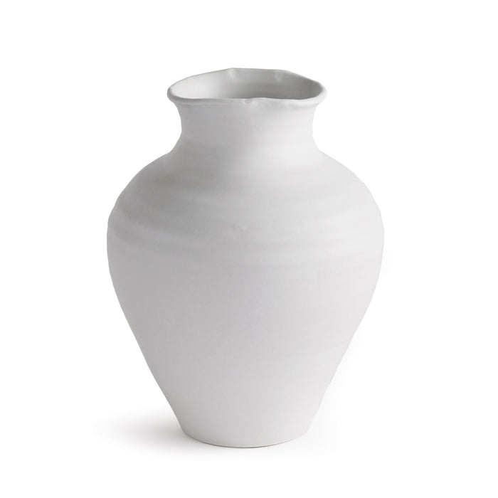 White glazed ceramic vase with a bulbous body and narrow neck, plain finish, on white background.