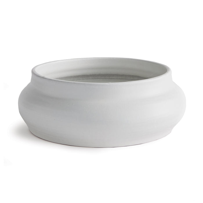 White ceramic decorative bowl with a wide, rounded belly and smooth matte finish, empty, on white background.