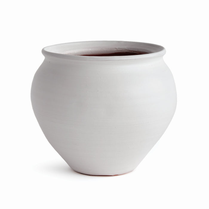 Large white ceramic drum vase with rounded body and narrow rim, smooth matte finish, empty interior, on white background.