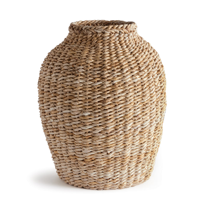 Large natural Abaca teardrop vase woven from thick braided fibers on white background.