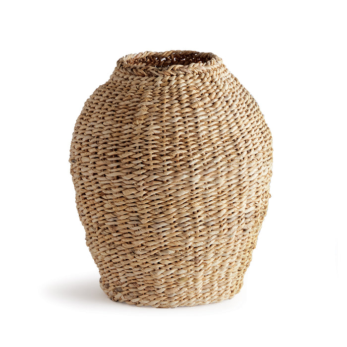 Small teardrop vase woven from natural abaca fibers with a textured, braided surface on a white background.
