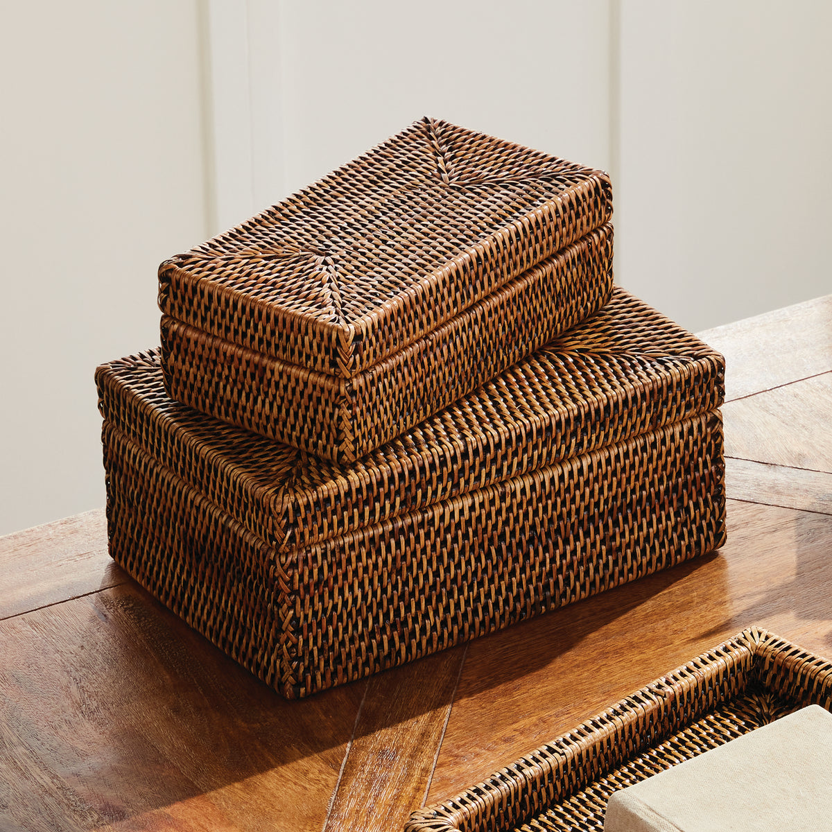 Design Shop Burma Rattan Rectangular Lidded Boxes, Set Of 2