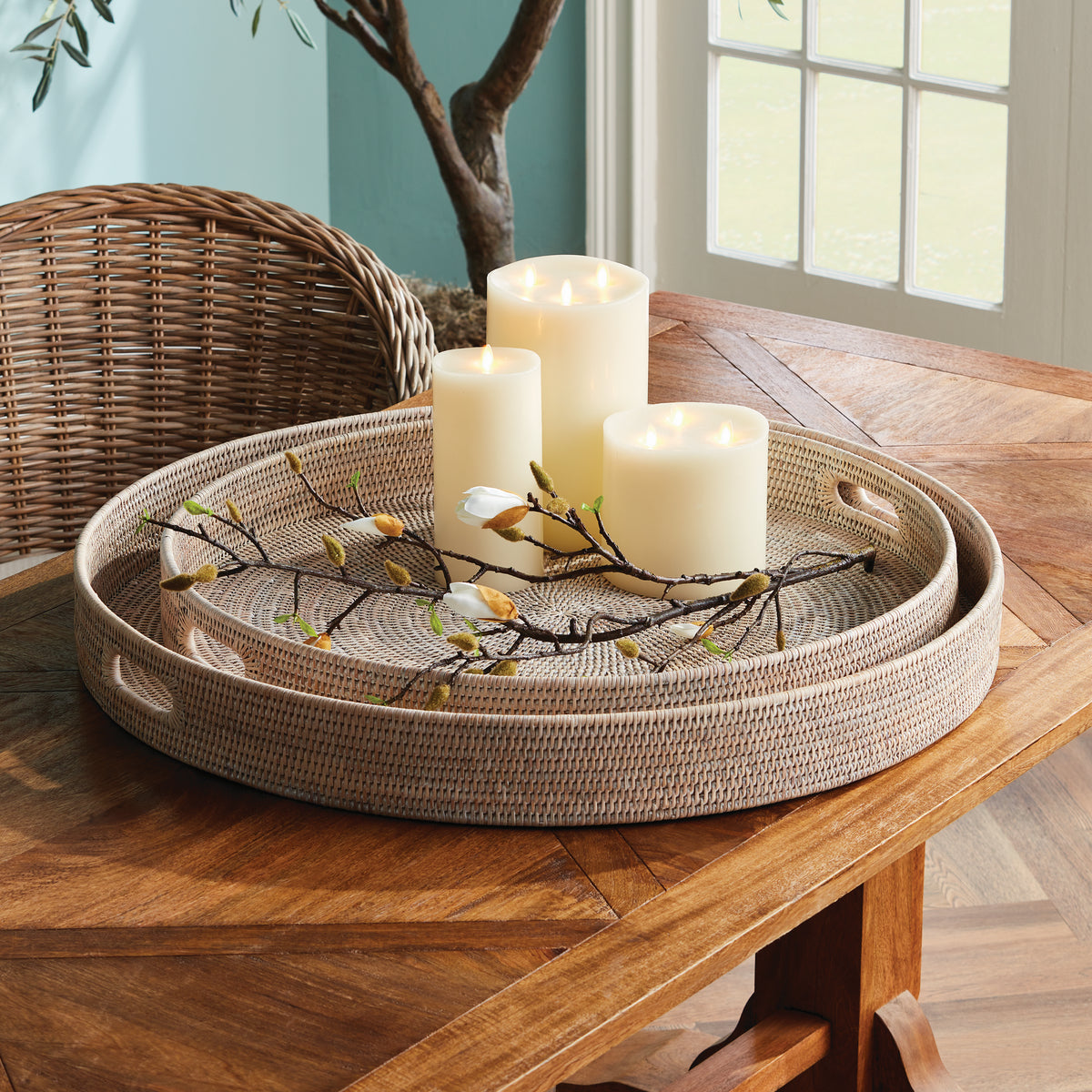 Design Shop Burma Rattan Round Ottoman Trays Large, Set Of 2