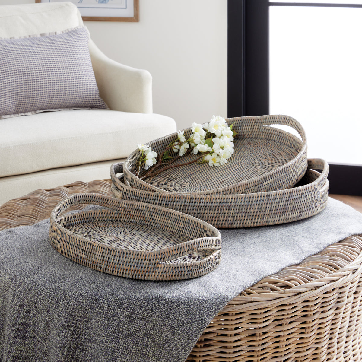 Design Shop Burma Rattan Oval Serving Trays, Set Of 3