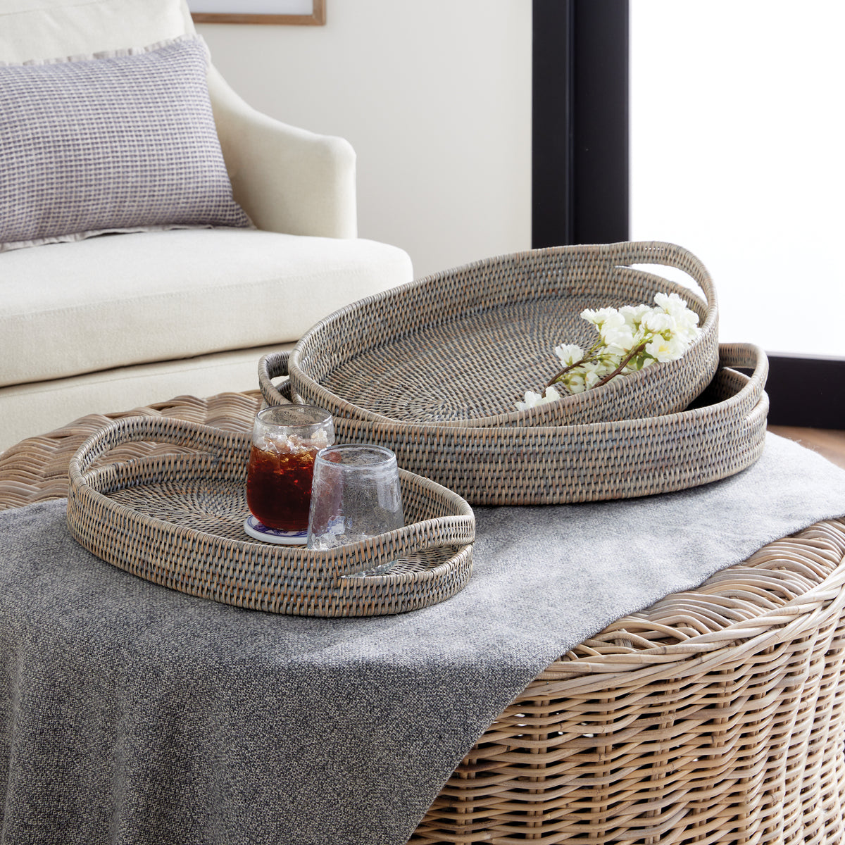 Design Shop Burma Rattan Oval Serving Trays, Set Of 3