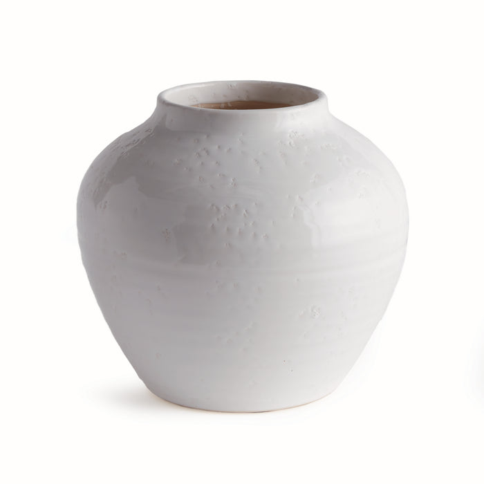 White ceramic wide vase with a rounded body and narrow neck, subtle textured speckles, plain on white background.