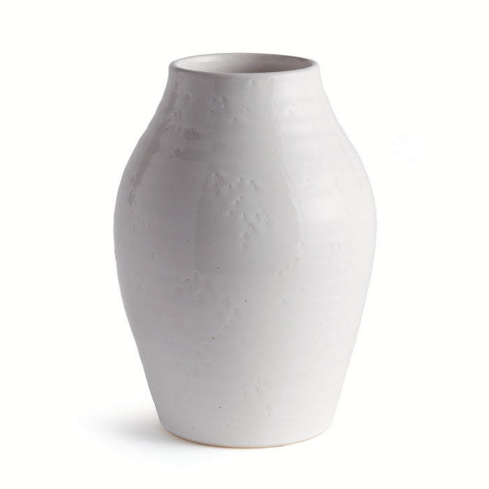 Large white ceramic vase with a glossy, slightly uneven surface and narrow mouth, set against a plain white background.