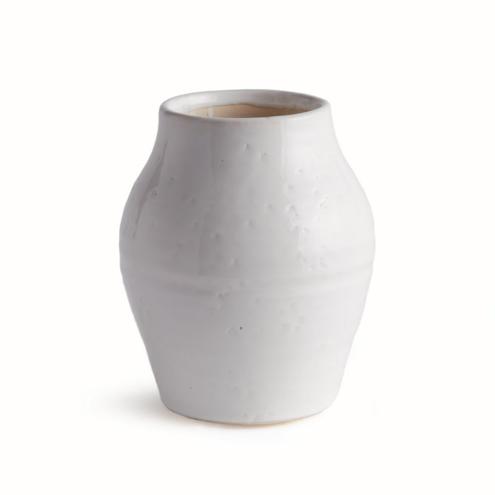 Tall, white, glazed ceramic vase with a rounded body and narrow neck; subtle texture/dimples, plain background.