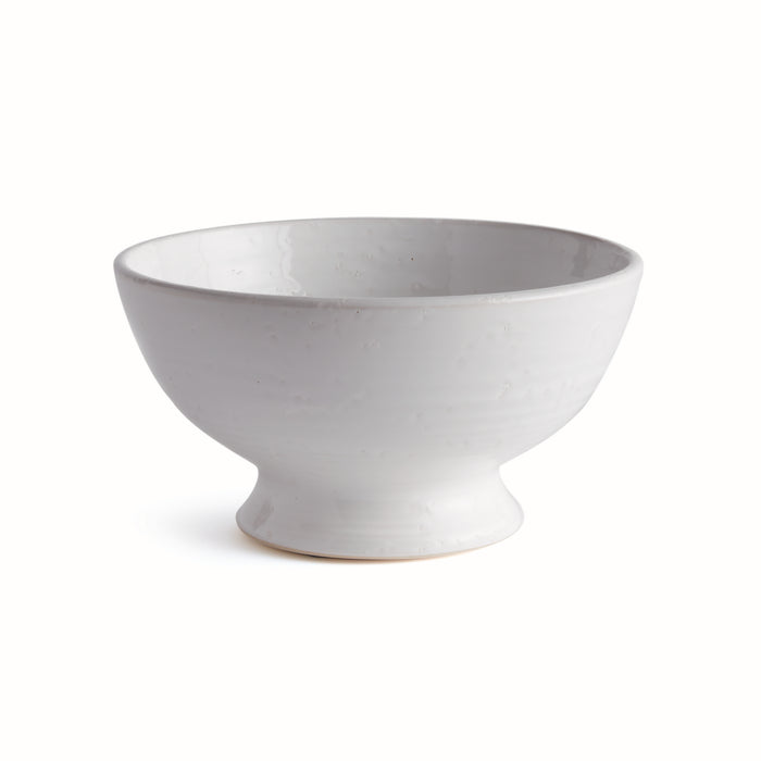 Small white ceramic decorative bowl with a pedestal base, smooth matte finish, empty against white background.