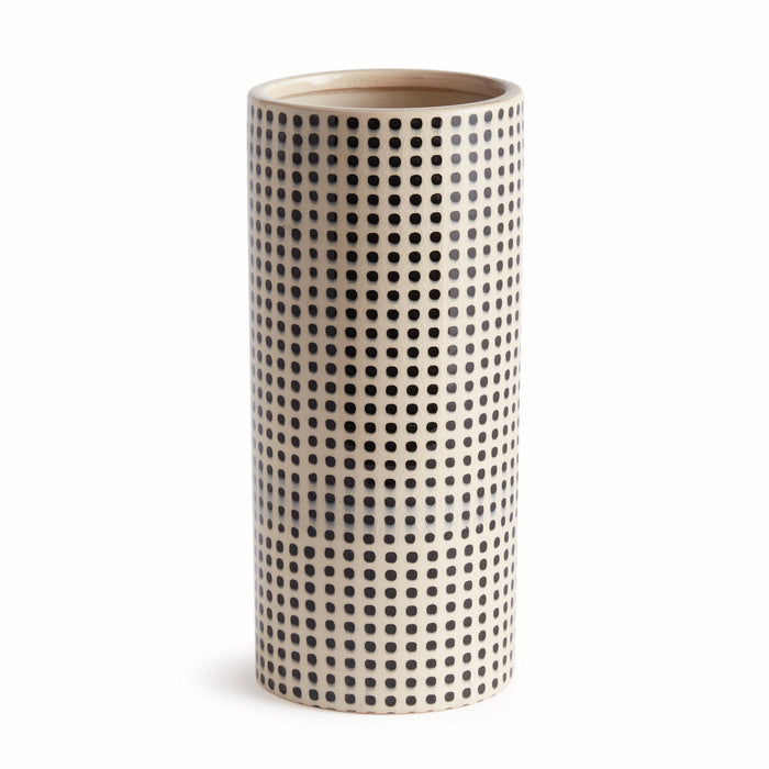 Cream cylindrical vase with uniform black dotted grid pattern on a light beige glaze, tall and glossy.
