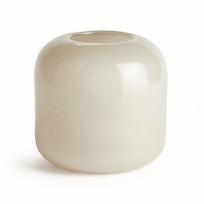 Cream glazed ceramic vase with a rounded, cylindrical shape and a narrow opening at the top on a white background.