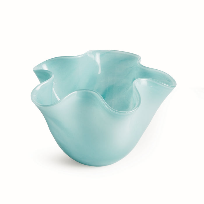 Small turquoise ceramic bowl with a wavy, petal-like rim and glossy finish, on a white background.