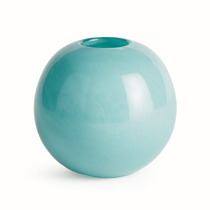 Large turquoise ceramic vase with a glossy, round spherical shape and a small top opening, minimalist background.