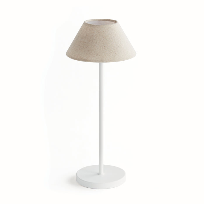 A cordless LED lamp with an empire linen shade, standing on a white base, against a white background.