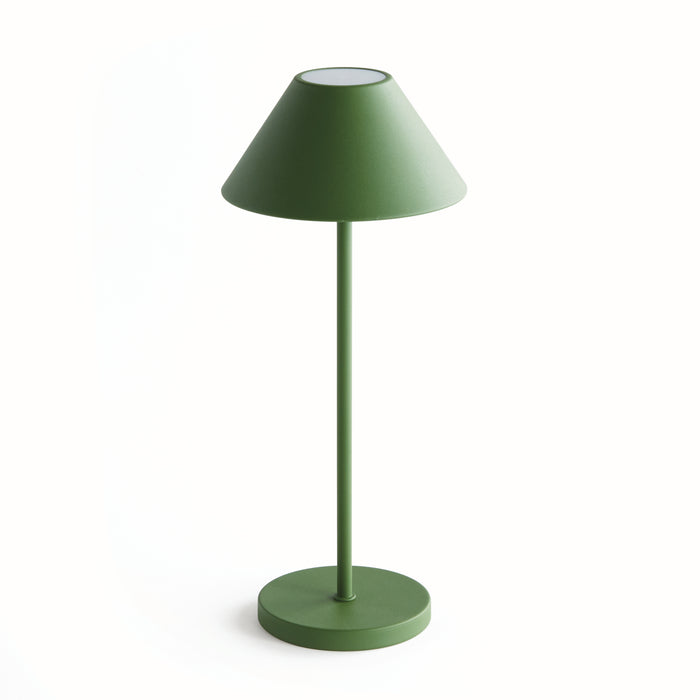 A green cordless LED lamp with an empire linen shade, featuring a round base and a single button on top for light control, standing upright on a solid surface.