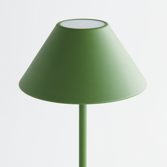 Green cone lampshade on a slender green stem against a white background.
