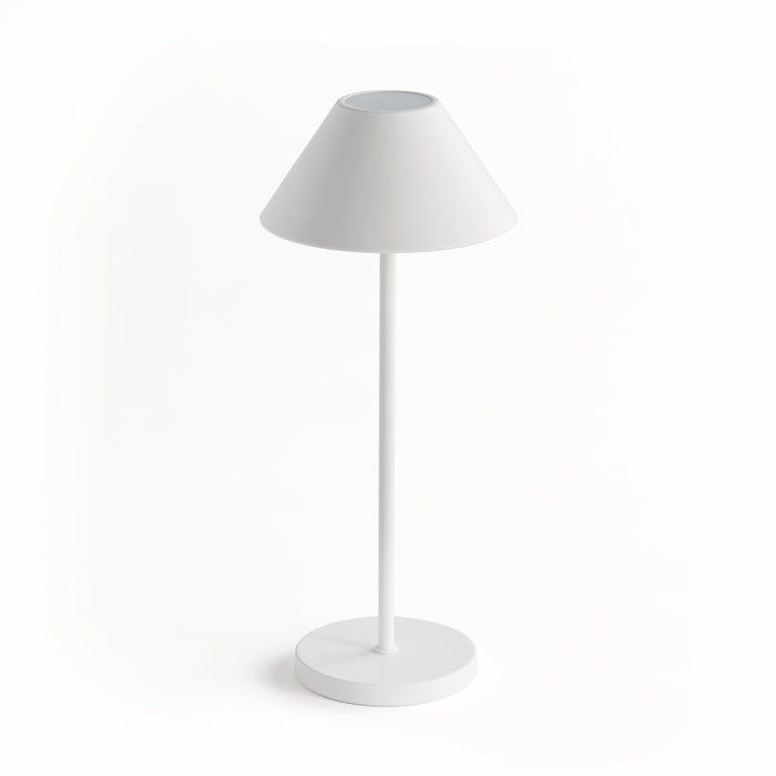 A white cordless LED lamp with an empire linen shade, standing on a circular base, against a white background.