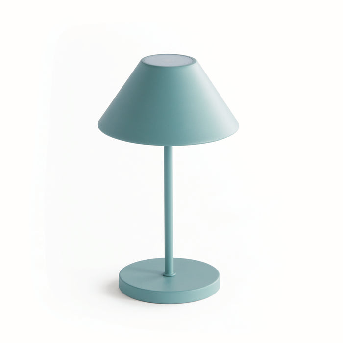 A blue cordless LED lamp with an empire linen shade, featuring a round base and a touch-sensitive switch, against a white background.