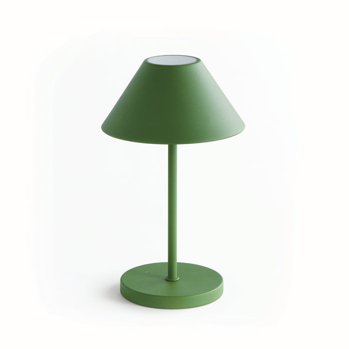 A green cordless LED lamp with an empire linen shade, featuring a round base and a touch-sensitive switch on top.