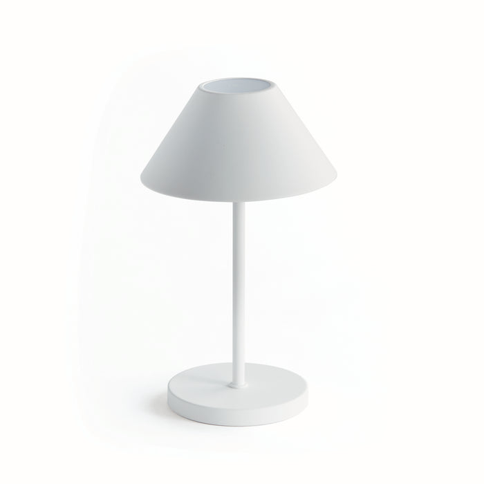 A white cordless LED lamp with an empire linen shade, featuring a simple round base and a touch-sensitive switch, against a white background.