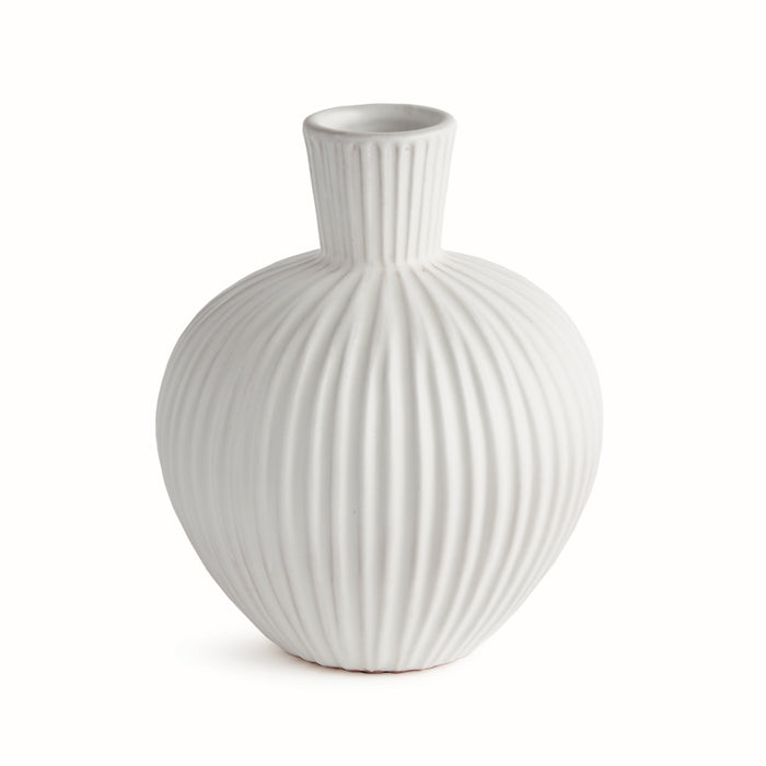 White ceramic vase with a rounded, ribbed body and short, narrow neck on a plain white background.