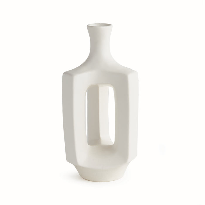 White ceramic vase with a rectangular, hollow frame and narrow neck, open center cutout, matte finish on a white background.