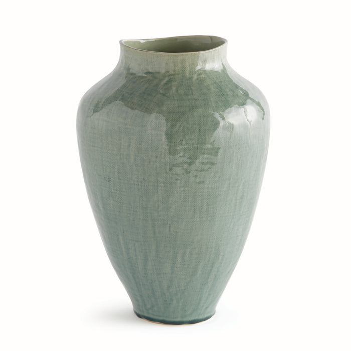 Large ceramic vase with a glossy sage-green glaze, rounded body tapering to a narrow base and short neck, on white