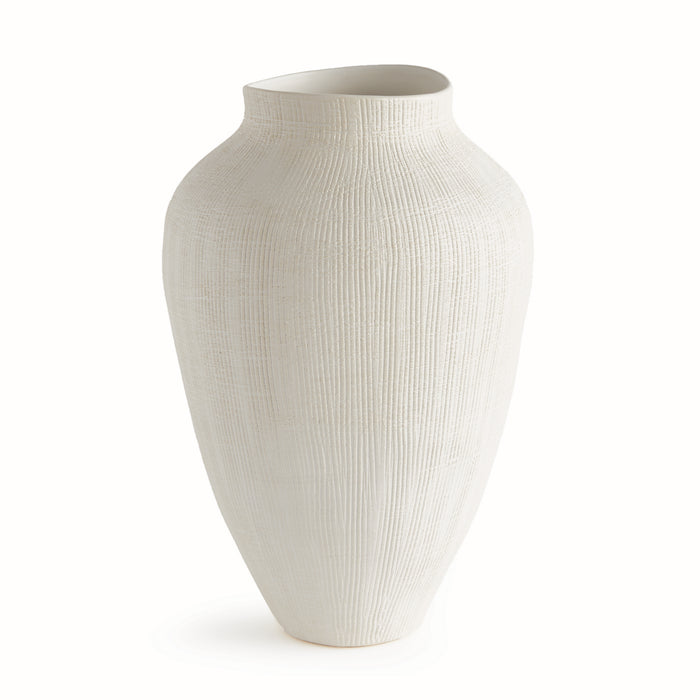 Large white vase with vertical textured ribbed surface, rounded body, narrow base and wide mouth, on white background.