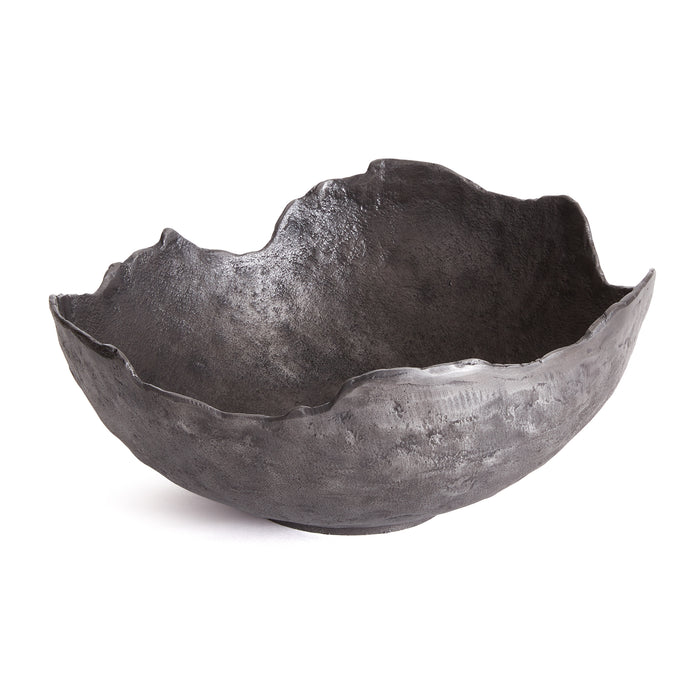 Dark, textured stoneware decorative bowl with irregular, jagged rim on a white background.