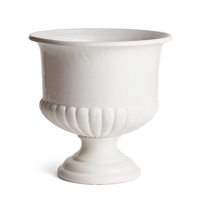 Large white decorative pedestal bowl with fluted base, smooth glossy ceramic, pedestal stem, neutral background.