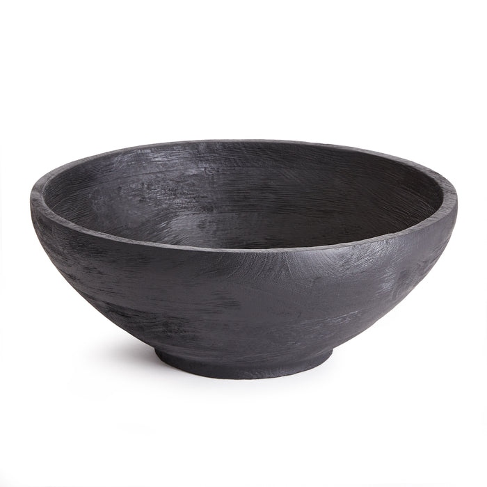 Dark grey/black textured ceramic serving bowl with a wide rim and small footed base, empty against white background.