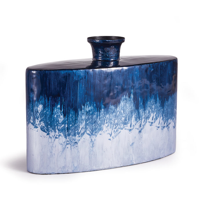 Blue ceramic decorative flask vase with a narrow neck, glossy dark blue glaze fading to light blue at base, on white