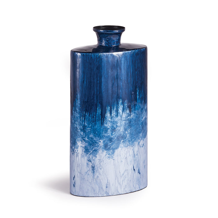 Blue oval ceramic vase with glossy glaze, taller cylindrical form, gradient from deep blue to pale blue, narrow neck, white