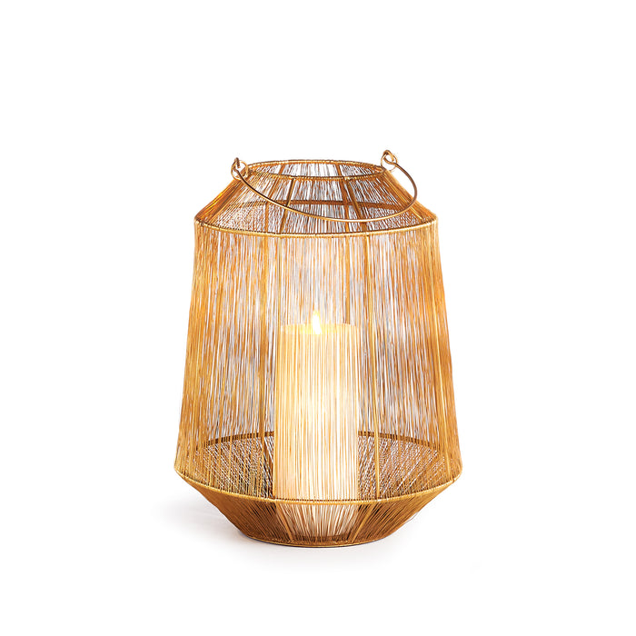 A small woven metal lantern with a solid iron frame, featuring open spaces for a candle to shine through, in a golden color.