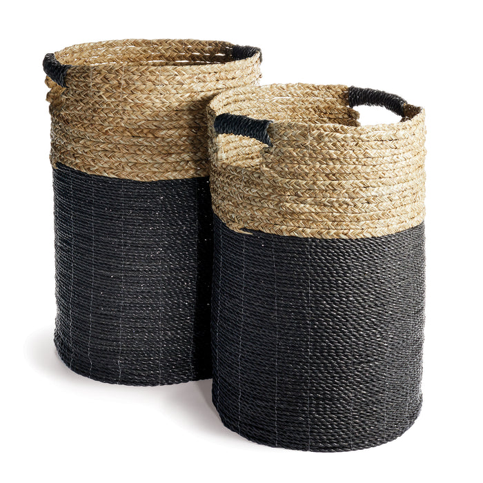 Two wicker hamper baskets with a natural color pandan/raffia weave and black trim.