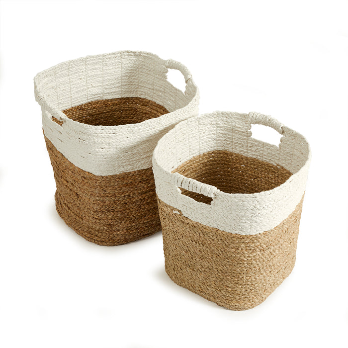 Two woven rectangular baskets with natural brown body and white top band, handles on sides, set against white background.
