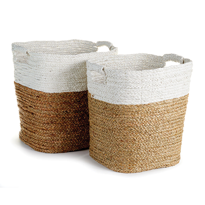A set of two rectangular wicker baskets with a mixed weave of brown and white fibers.
