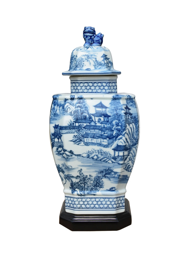 Porcelain Blue and White Square Canton Jar With Base
