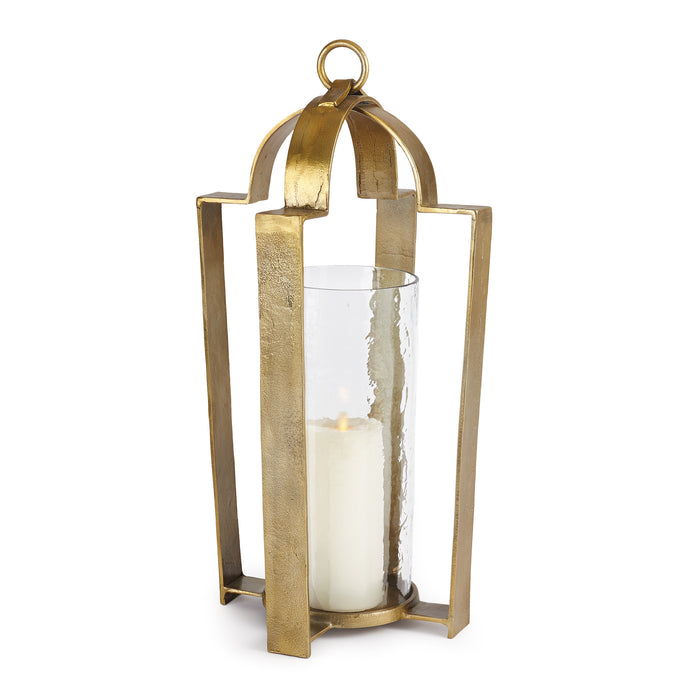 A bronze-colored candle holder with a glass base and a hammered glass design, featuring an opening at the top for candle placement.