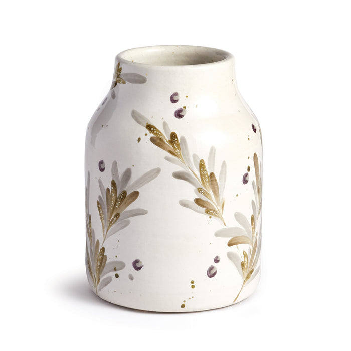 Cream ceramic Lazio jar with a narrow neck, olive branch motif in gold, gray, and purple accents on a white background.