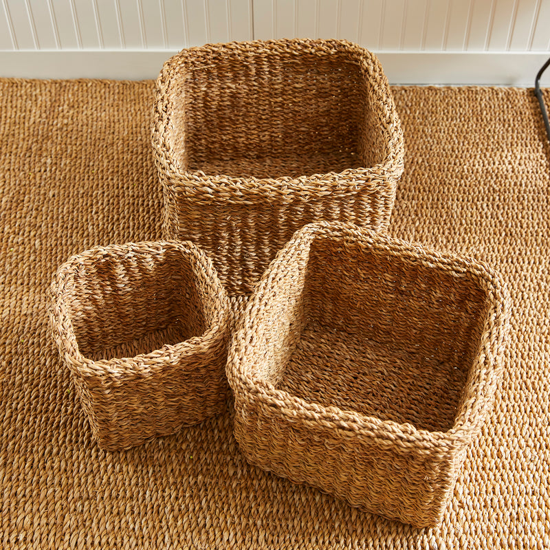 Design Shop Seagrass Square Baskets With Cuffs, Set Of 3