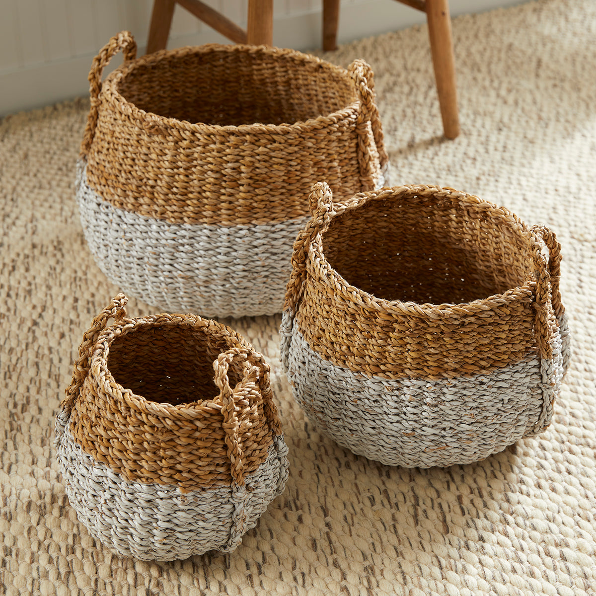 Design Shop Seagrass Round Baskets With Handles, Set Of 3