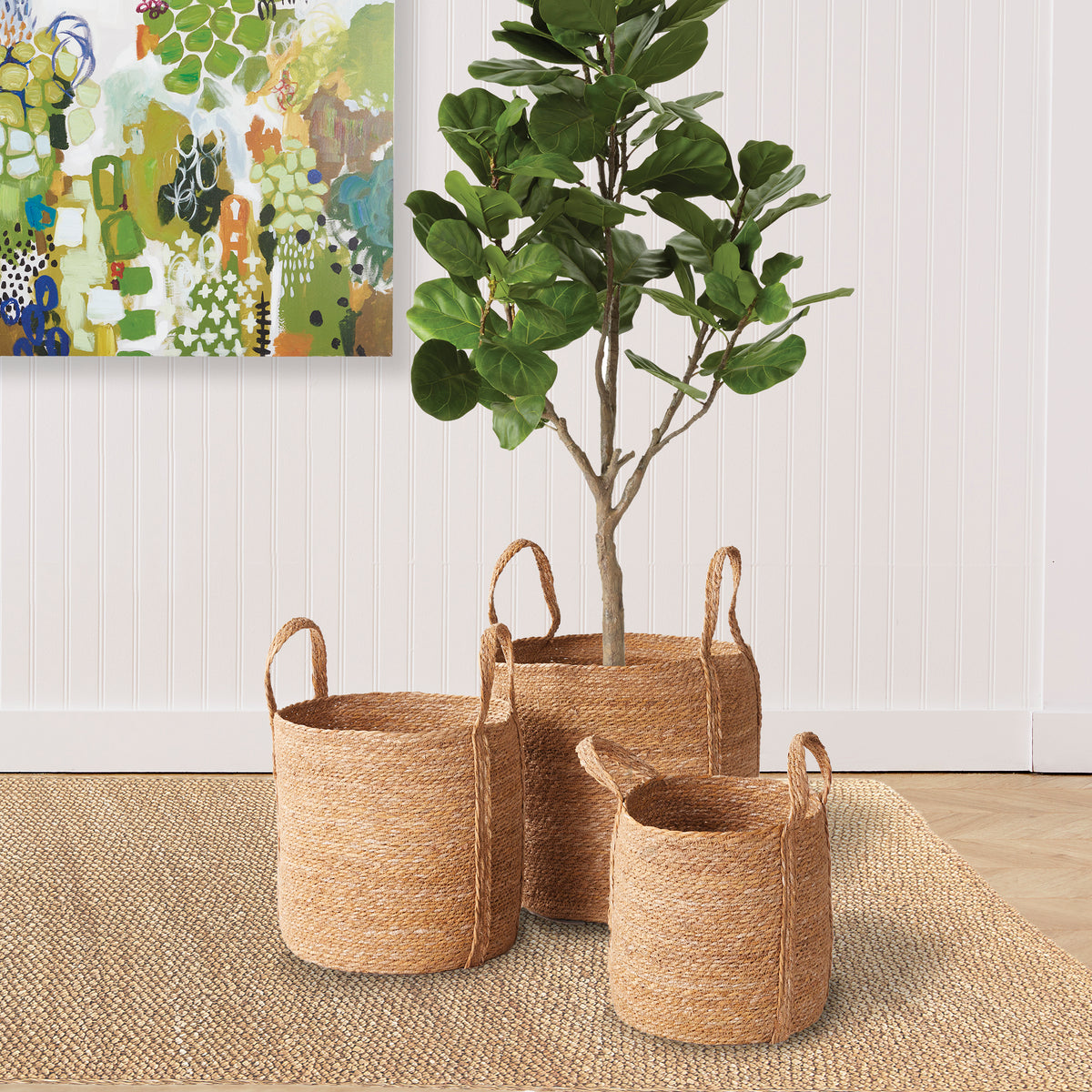 Design Shop Seagrass Round Baskets With Long Handles, Set Of 3