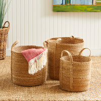 Design Shop Seagrass Round Baskets With Long Handles, Set Of 3