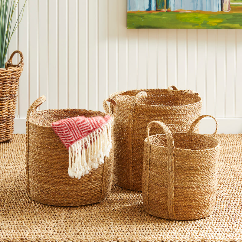 Design Shop Seagrass Round Baskets With Long Handles, Set Of 3