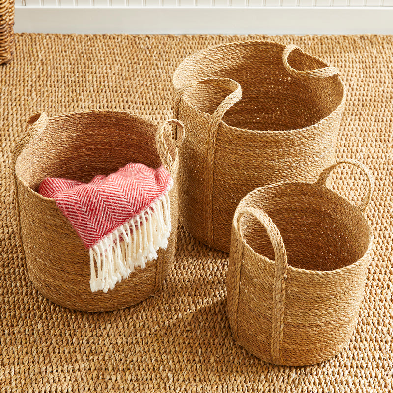 Design Shop Seagrass Round Baskets With Long Handles, Set Of 3