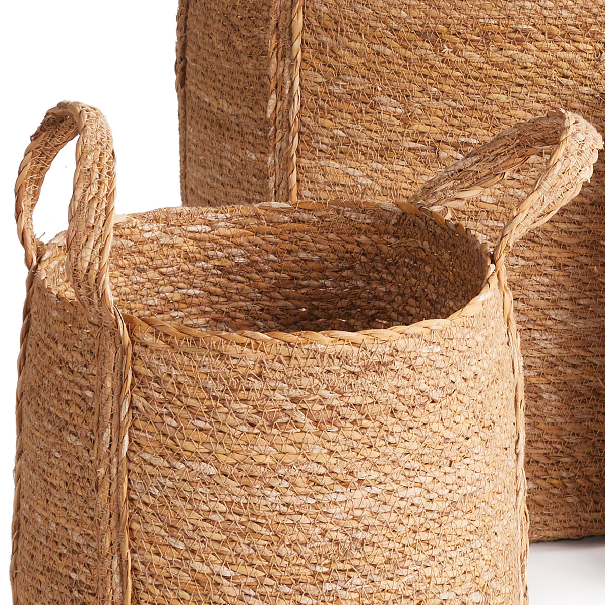 Design Shop Seagrass Round Baskets With Long Handles, Set Of 3