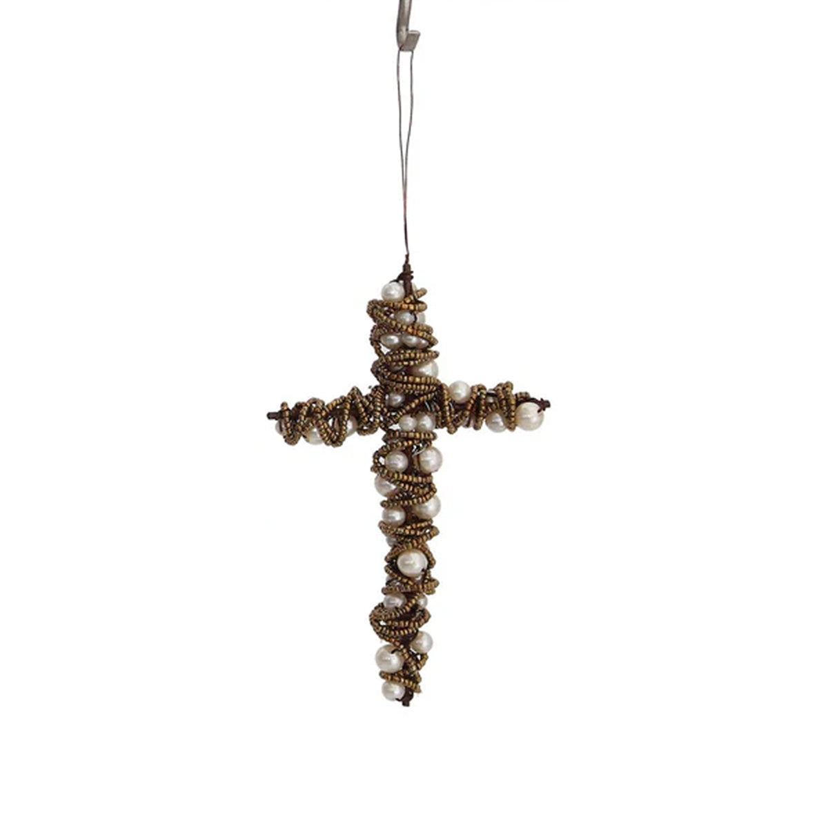 Design Shop Antique Gold Beaded Wire Cross Ornament