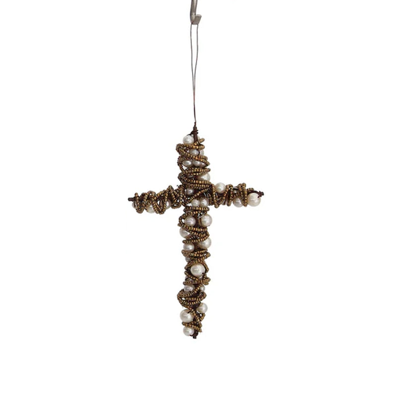 Design Shop Antique Gold Beaded Wire Cross Ornament